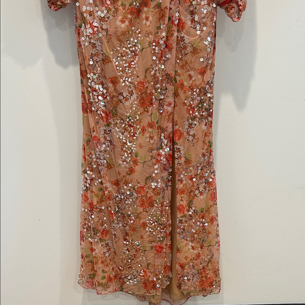 Mac Duggal Floral Maxi Long Sleeve Dress in apricot & sequin size 12 new women’s - Picture 7 of 12